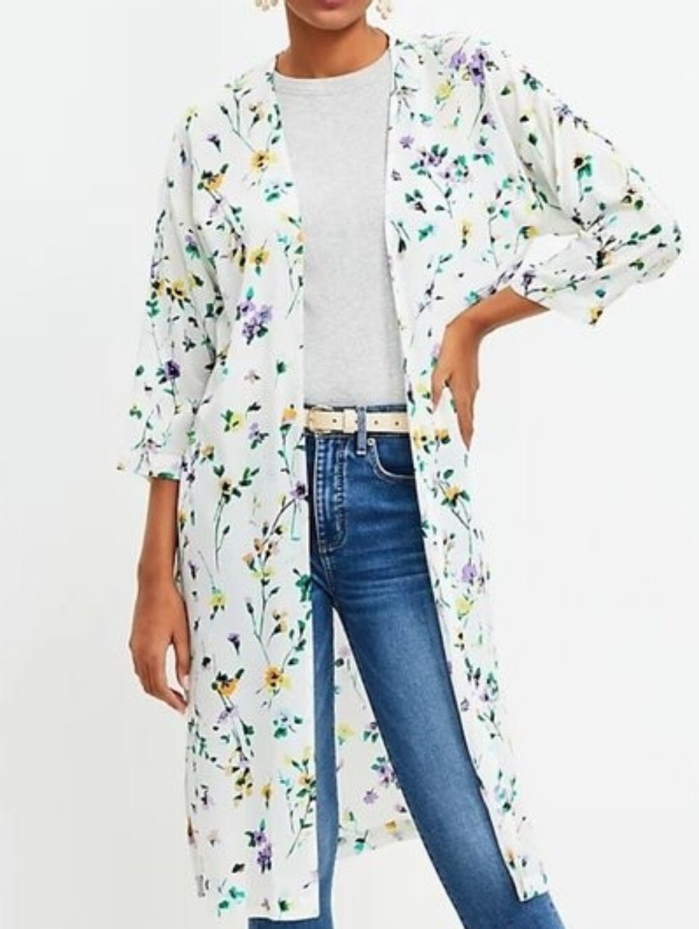 Loft | Floral Duster Kimono Top Cardigan 3/4 Sleeve White Purple Modal M/L